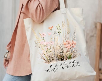 Bolso de mano bohemio con flores silvestres, versículo bíblico cristiano, lona de algodón para uso diario
