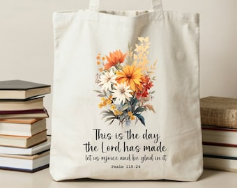 Bolsa de lona com versículo bíblico floral, presente cristão