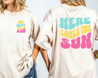 Retro Here Comes The Sun-T-shirt, comfortkleuren boho-zomershirt