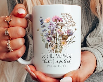 Taza de café cristiana floral, taza de cerámica con versículo bíblico, quédate quieto y conoce