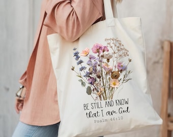 Bolsa de lona com estampa floral boho e versículo bíblico, presente cristão.