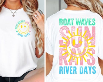 Retro Summer River Days-T-shirt, Boat Waves Sun Rays-afbeelding
