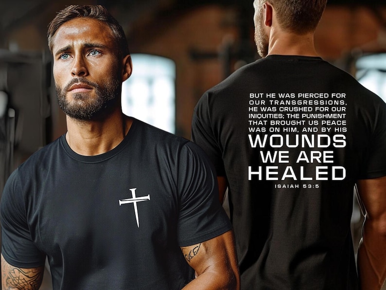 Men's Christian Easter Tshirt, Unisex Jersey Short Sleeve Tee with Isaiah 53:5 Verse, Inspirational Religious Shirt, Healed by His Wounds, image 3