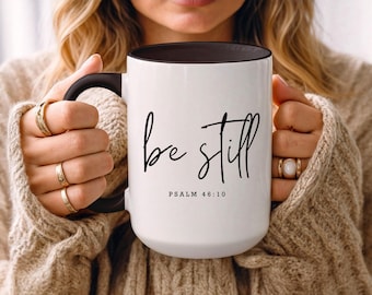 Be Still, christelijke koffiemok, bijbeltekst, Jezus geloof