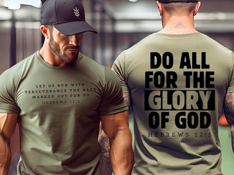 May include: A green t-shirt with black text that reads "Let us run with perseverance the race marked out for us Hebrews 12:1" on the front and "Do all for the glory of God Hebrews 12:1" on the back.