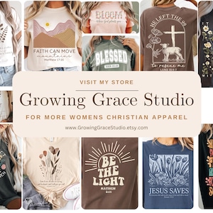 May include: A collection of t-shirts featuring various Christian-themed graphic designs, including floral illustrations, mountain landscapes, and religious text such as Faith Can Move Mountains, Blessed, and Jesus Saves, displayed in a grid layout.