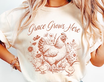 Grace Grows Here hen and chicks illustration T-shirt | Easter farmhouse chicken tee
