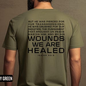 Men's Christian Easter Tshirt, Unisex Jersey Short Sleeve Tee with Isaiah 53:5 Verse, Inspirational Religious Shirt, Healed by His Wounds, image 5