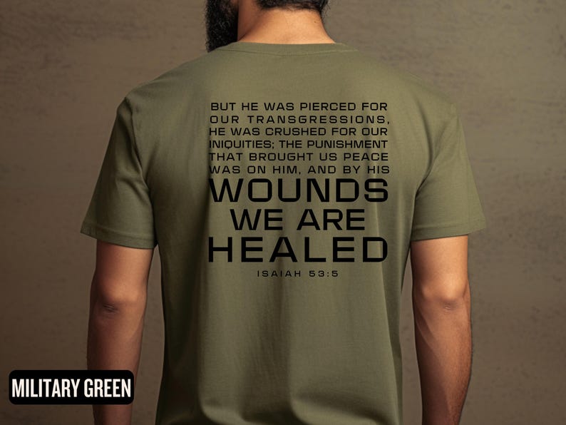 Men's Christian Easter Tshirt, Unisex Jersey Short Sleeve Tee with Isaiah 53:5 Verse, Inspirational Religious Shirt, Healed by His Wounds, image 5