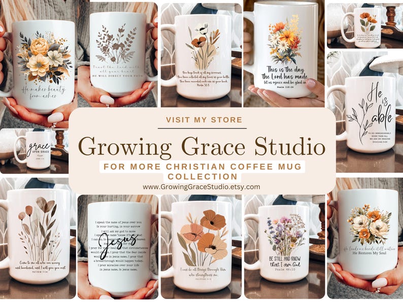Puede incluir: Un collage de tazas de caf&eacute; de cer&aacute;mica blanca con varios dise&ntilde;os y citas de tem&aacute;tica cristiana. Las tazas presentan patrones florales, mensajes inspiradores y vers&iacute;culos b&iacute;blicos. El texto en las tazas incluye "&Eacute;l hace belleza de las cenizas", "Este es el d&iacute;a que el Se&ntilde;or ha hecho", "Gracia sobre gracia", "Jes&uacute;s", "Estate quieto y sabe que yo soy Dios", y "&Eacute;l es capaz".