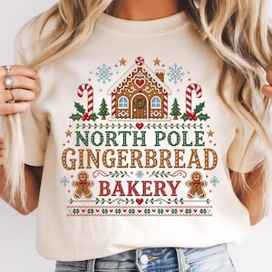 North Pole Gingerbread Bakery Shirt, Christmas Gingerbread T-Shirt, Cute Holiday Tee for Women, Retro Christmas Baking Shirt