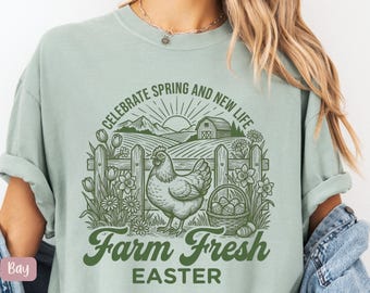 Farm Fresh Easter chicken and eggs T-Shirt | Retro spring farmhouse graphic