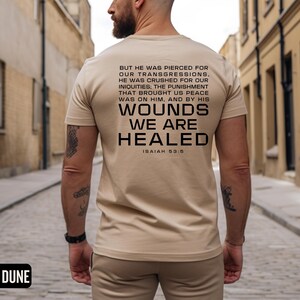Men's Christian Easter Tshirt, Unisex Jersey Short Sleeve Tee with Isaiah 53:5 Verse, Inspirational Religious Shirt, Healed by His Wounds, image 6