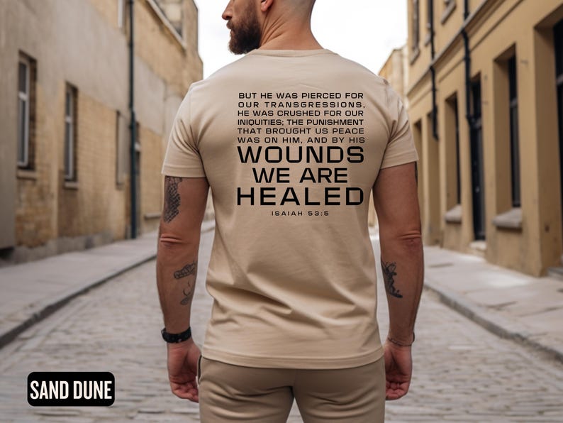 Men's Christian Easter Tshirt, Unisex Jersey Short Sleeve Tee with Isaiah 53:5 Verse, Inspirational Religious Shirt, Healed by His Wounds, image 6
