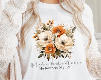 Floral Christian T-Shirt, He Leads Me, Faith-Based Apparel