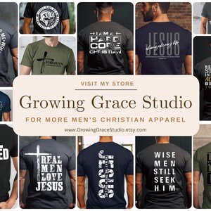 May include: A collage of 12 different t-shirt designs featuring Christian themes and messages. The shirts are in various colors, including black, green, blue, and gray. The designs include crosses, scripture verses, and inspirational quotes.