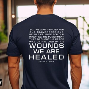 Men's Christian Easter Tshirt, Unisex Jersey Short Sleeve Tee with Isaiah 53:5 Verse, Inspirational Religious Shirt, Healed by His Wounds, image 8