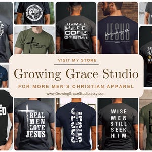 May include: A collage of 10 different t-shirt designs featuring Christian themes. The shirts are in various colors, including black, green, blue, and gray. The designs include text and graphics, such as crosses, scripture verses, and inspirational messages.  The text on the shirts includes "Jesus Died for Me", "I Am a Hard Core Christian", "Real Men Love Jesus", "Wise Men Still Seek Him", and "Living Proof of a Loving God".