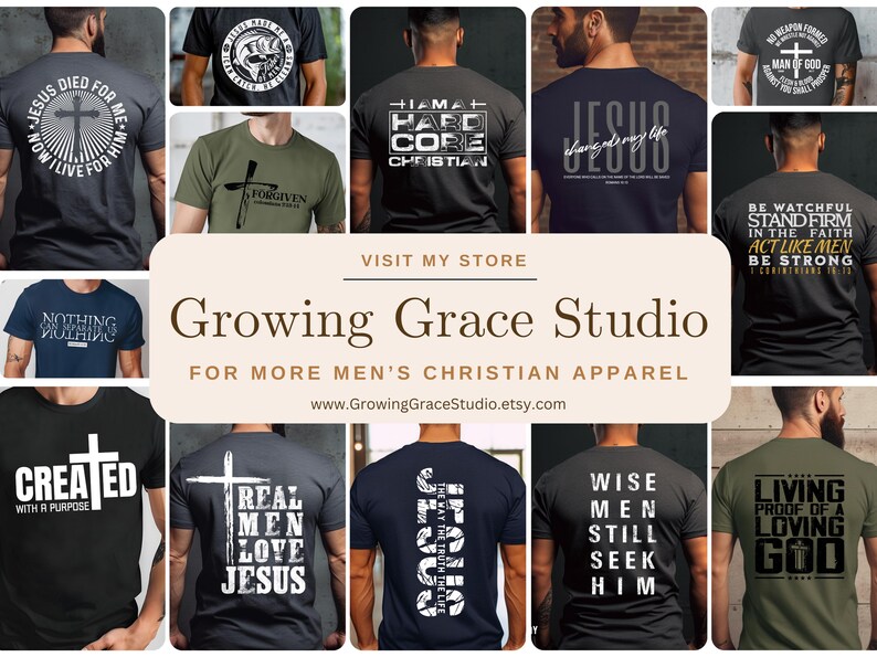 May include: A collage of 10 different t-shirt designs featuring Christian themes. The shirts are in various colors, including black, green, blue, and gray. The designs include text and graphics, such as crosses, scripture verses, and inspirational messages.  The text on the shirts includes "Jesus Died for Me", "I Am a Hard Core Christian", "Real Men Love Jesus", "Wise Men Still Seek Him", and "Living Proof of a Loving God".