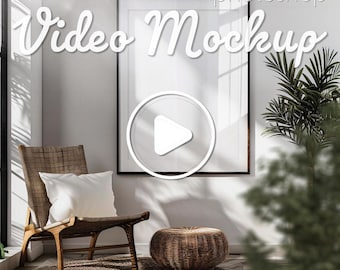 Video Frame Mockup, 3x4 Ratio Black Thin Frame Mockup in Minimal Interior, Smart Layer PSD Animated Frame Mockup, Photoshop Wall Art Deco