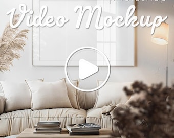 Video Frame Mockup, DIN A ISO Horizontal Video Mockup for Interior Wall Art, Photoshop Smart Layers, Animated Frame Mockup Cozy Living Room