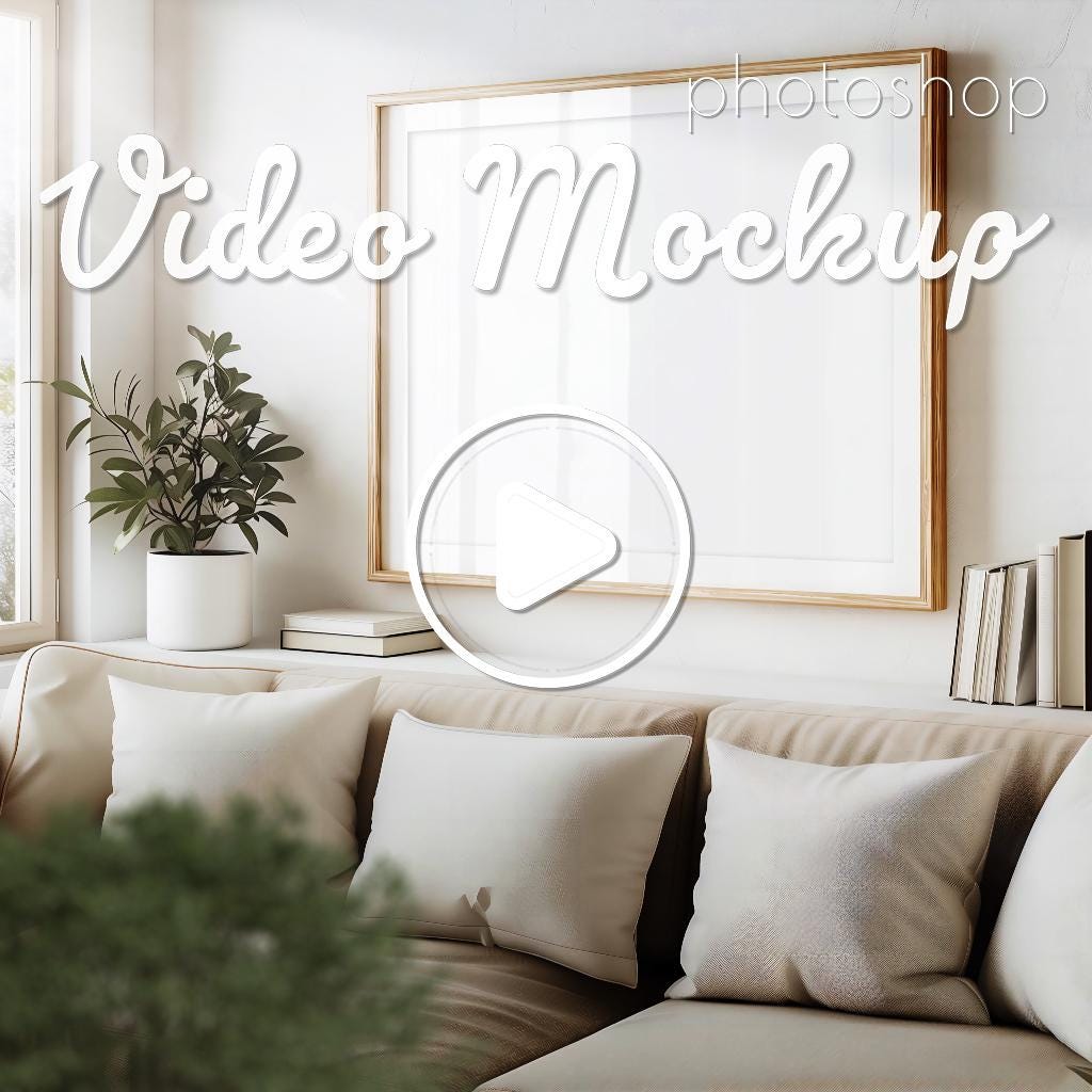 Landscape Video Frame Mockup 5x4, Gold Frame Video for Poster Display, Wall Art, Sofa Interior, Seamless Loop, Photoshop, Animated Mockup