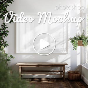 May include: A white video mockup with a play button in the center, a wooden bench, and a hanging plant in a woven basket. The text "Video Mockup" is written in white cursive letters above the mockup.