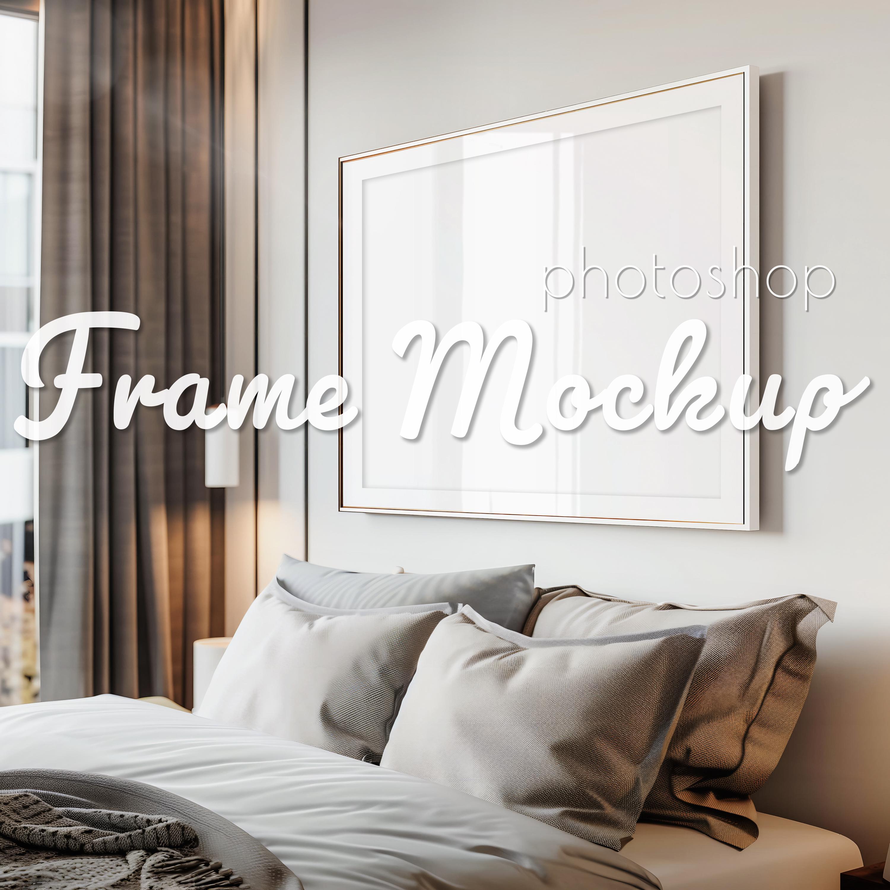 Horizontal white frame mockup with thin border, landscape frame design, Photoshop smart layers, 300dpi, bedroom wall art, modern interior
