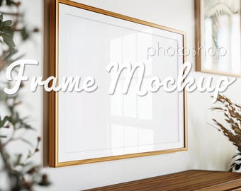 Horizontal Thin Wooden Frame Mockup DIN A ISO, Landscape High-Res PSD Frame Mockup for Photoshop, Smart Layers, Reflective Glass, Wall Art
