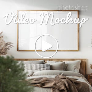 May include: A mockup of a video playing on a framed screen above a bed with a brown blanket and pillows. The text "Video Mockup" is written above the screen.