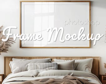 Horizontal 3x2 wooden frame mockup, glass reflection Landscape Frame Mockup for modern bedroom wall art, PSD smart layer, high res 300dpi