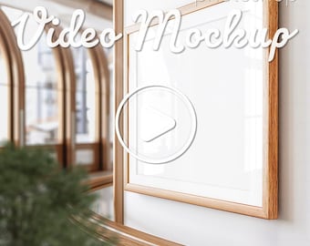 Video Frame Mockup DIN A ISO Horizontal Wooden Frame Video, Editable Smart Layer PSD Video, Animated Seamless Loop Video Mockup for Wall Art