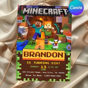 Pixel Block Game Birthday Invitation, Custom Level Up Party Invite, Block World Birthday Card For Kids Party, Gaming Theme Invitation