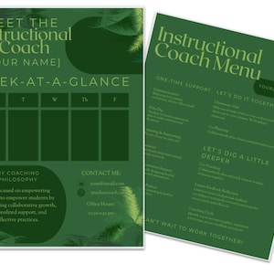 Könnte beinhalten: Grünes und weißes Menü für einen Lehrcoach mit einem Wochenplan, einer Coaching-Philosophie und Kontaktinformationen. Das Menü umfasst einmalige Unterstützung, lasst uns zusammenarbeiten und lasst uns etwas tiefer graben.