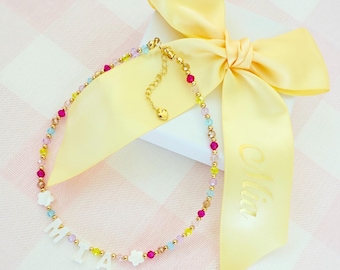 Personalized Rainbow Name Necklace for Girls, Colorful Beaded Necklace, Mother of Pearl Letters, Custom Kids Jewelry Gift, Birthday Gift