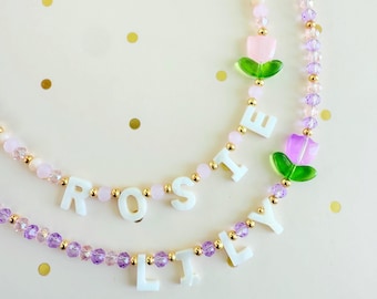 Personalized Name Necklace for Girls • Beaded Kids Necklace with Tulip Charm • Custom Birthday Gift for Toddler or Child