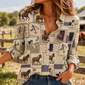 May include: A long-sleeve button-down shirt featuring a patchwork-style print of horses, dogs, and equestrian-themed illustrations in shades of brown, tan, and navy blue. The shirt has a classic collar and white buttons down the front placket.