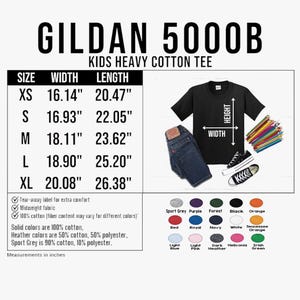 May include: A Gildan 5000B kids heavy cotton tee size chart featuring a black t-shirt, blue jeans, sneakers, and colored pencils. The chart lists widths and lengths in inches for sizes XS to XL, alongside a color palette and fabric details.