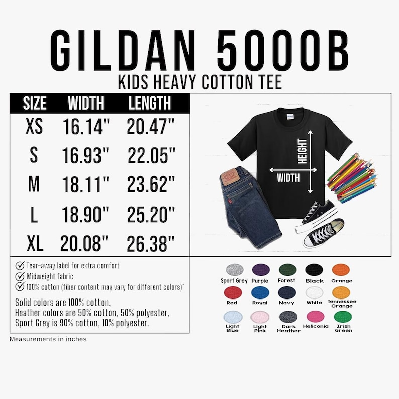 May include: A Gildan 5000B kids heavy cotton tee size chart featuring a black t-shirt, blue jeans, sneakers, and colored pencils. The chart lists widths and lengths in inches for sizes XS to XL, alongside a color palette and fabric details.