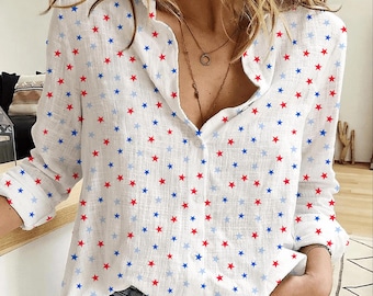 Vintage 4th of July Women's Linen Shirt, Retro USA Flag Fireworks Blouse, Patriotic Independence Day Top, Red White Blue Summer Outfit Gift