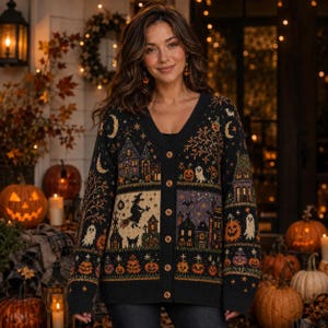 Halloween-Strickjacke, Kürbis-Strickjacke, ärmellose Damenstrickjacke (Größe L), Halloween-Sweatshirt mit Skelett-, Kürbis- und Geistermotiv