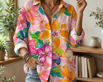 Colorful Abstract Floral Linen Blouse for Women, Watercolor Flower Painting Shirt, Cottagecore Vintage Summer Top