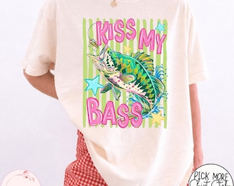 Preppy Kiss My Bass Fish Shirt, Trendy Summer Tee-Shirt, Colorful Beach Tee, Funny Summer Vibes T-Shirt, Beach Lover Gift