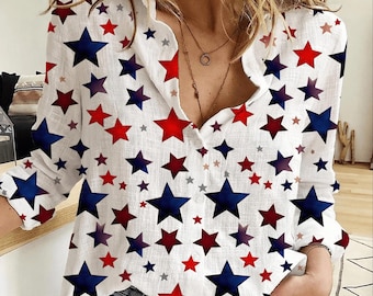 USA Star Blouse Shirt, Anniversary Independence Day Women Shirt, Patriotic Star Blouse Long Sleeve Shirt, 4th Of July Gift
