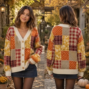 May include: A long-sleeve V-neck cardigan featuring a patchwork design of autumn-toned fabrics in shades of orange, yellow, and brown. The knit garment includes patterns of white flowers, polka dots, and plaid, finished with a cream-colored ribbed trim.