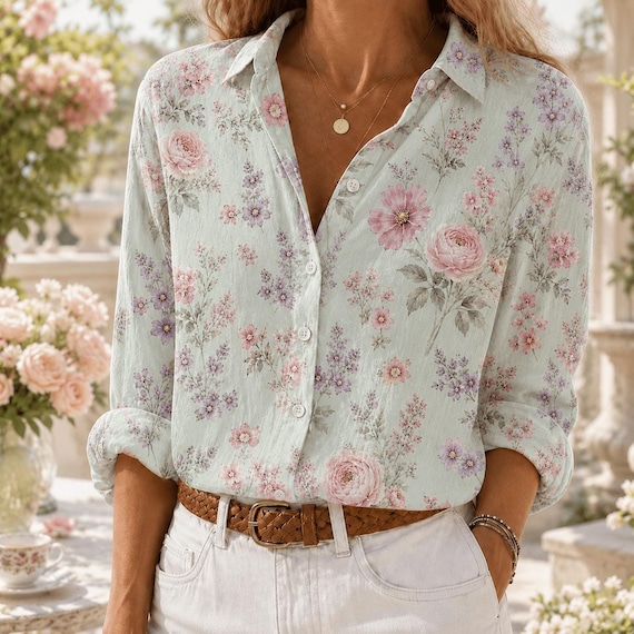 Boho Floral Shirt Women, Cottagecore Button Shirt, Vintage Style Blouse Outfit, Resort Blouse, Casual Spring Summer Shirt, Gift for Her