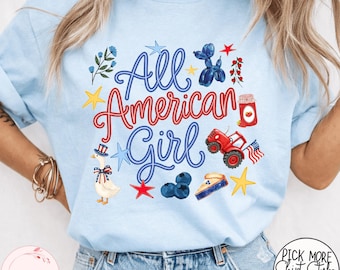 Comfort Colors® All American Girl Shirt, Coquette Fourth of July Tee, Patriotic Floral Flag T-shirt, 4th of July Shirt, Independence Day Tee