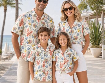 Matching Family Hawaiian Shirts | Coastal Lobster Print | Beach Vacation Outfit | Summer Matching Set