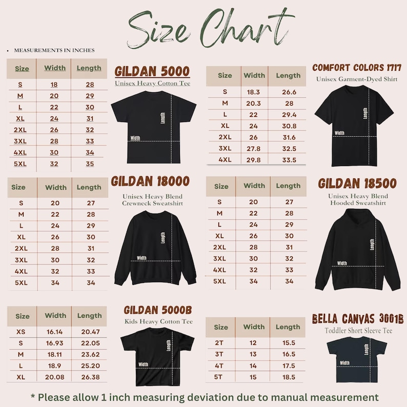 May include: A comprehensive size chart displaying width and length measurements in inches for Gildan 5000, 18000, 18500, 5000B, Comfort Colors 1717, and Bella Canvas 3001B apparel, featuring black silhouettes of t-shirts, sweatshirts, and hoodies.