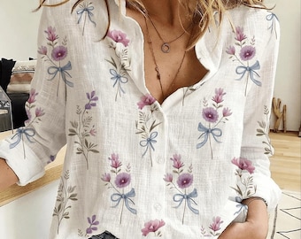 Wildflower Blouse Shirt, Summer Floral Shirt Women, Cottagecore Blouse Women, Boho Floral Shirt, Casual V Neck Top Women Gift For Her